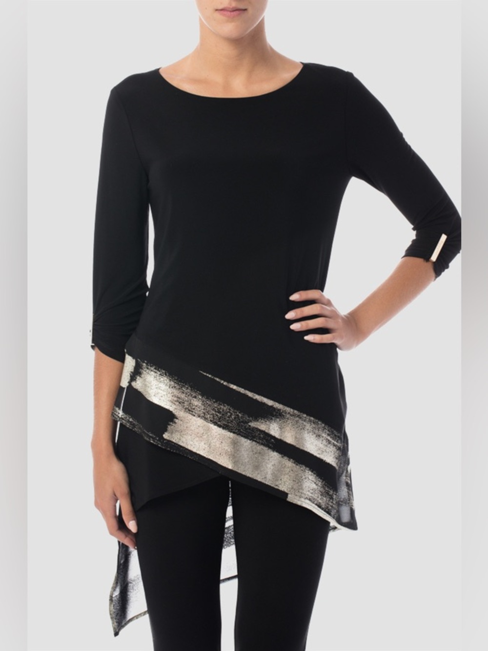 Joseph Ribkoff Asymmetrical Hem Tunic Top with Gold Brushstrokes